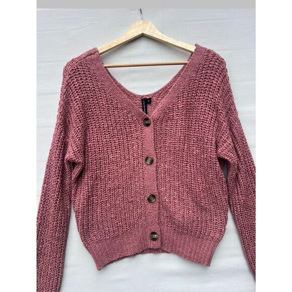 Moon & Madison Mauve Crochet V-Neck Cropped Cardigan size Small - Picture 4 of 5